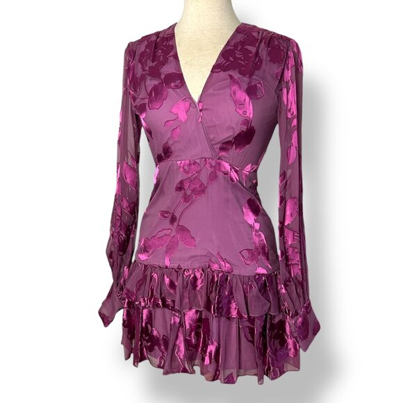 Alexis Barbara Emma Wrap Flounce Dress Lilac Devore Faux Wrap Long Sleeve Sz S - Picture 1 of 9